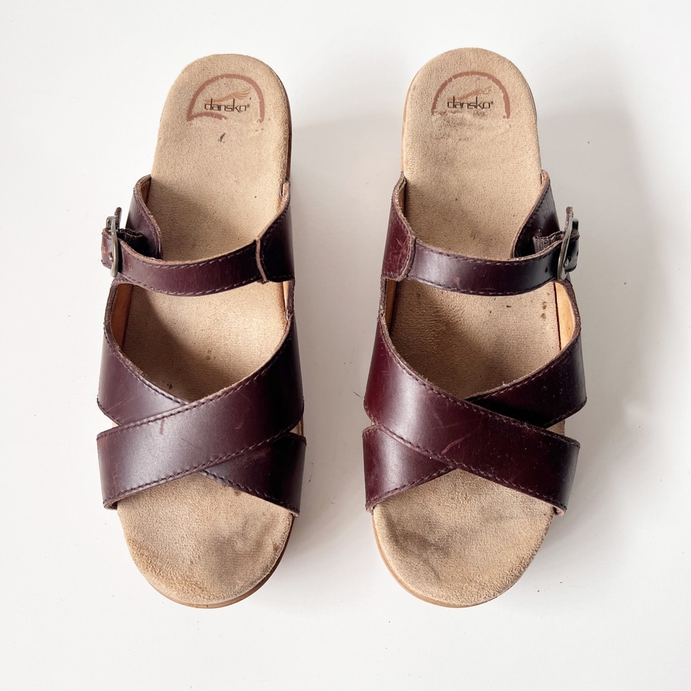 Vintage Dansko Leather Clog Sandals‎ 41 10.5-11 Brown Wedge Platform Chunky Boho - Picture 2 of 8